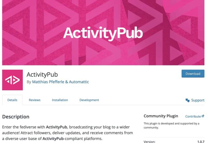 Screenshot of the WordPress repository page for the ActivityPub plugin